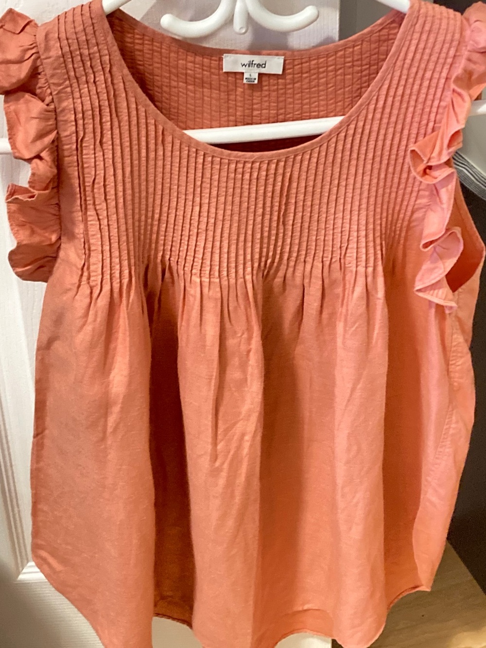 Aritzia Wilfred Coral Pintuck Ruffle Sleeve Babydoll Blouse L